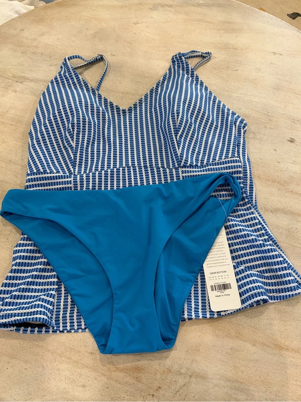 🐳🌊CRZ YOGA Blue & White Striped Tankini Solid Blue Bikini Bottoms🐬🩵
